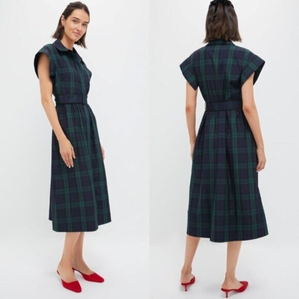 Tuckernuck NEW Blackwatch Chloe Plaid Navy Green Classic Midi Dress Size M - Picture 2 of 12